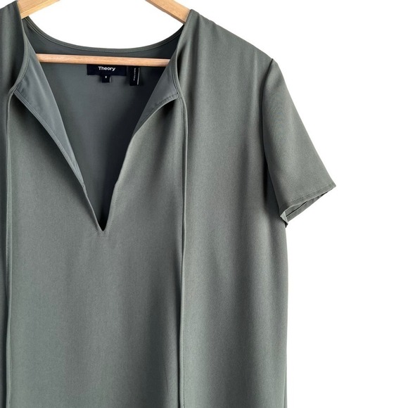 Theory Antazie Tie Front Shift Mini Dress Drapey Crepe in Military Green, Size 8 - Picture 5 of 9